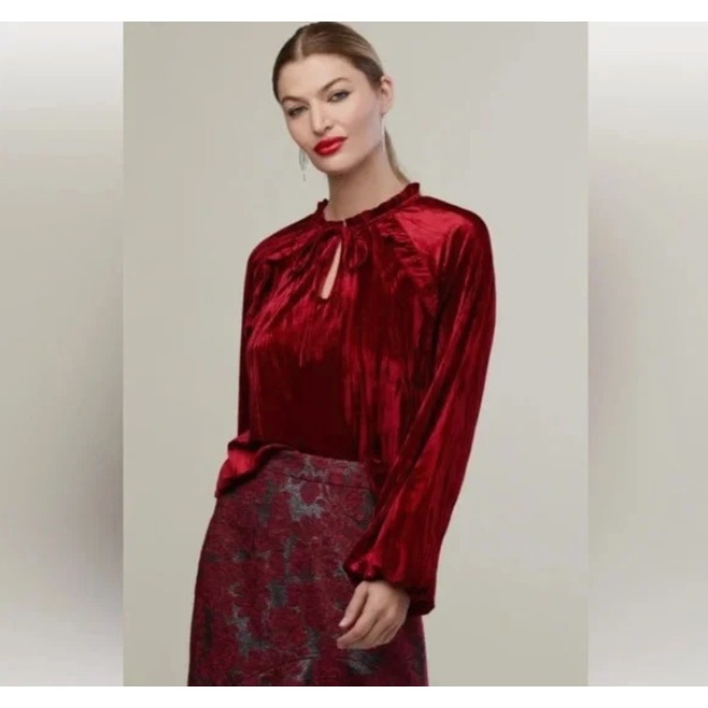 Rachel Parcell Deep Red Crinkle Velvet Blouse Tie Neck Ruffle Trim Top‎ Sz M NWT